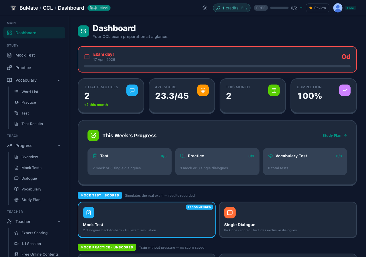 BuMate CCL dashboard showing weekly practice goals, average score, and study tracking