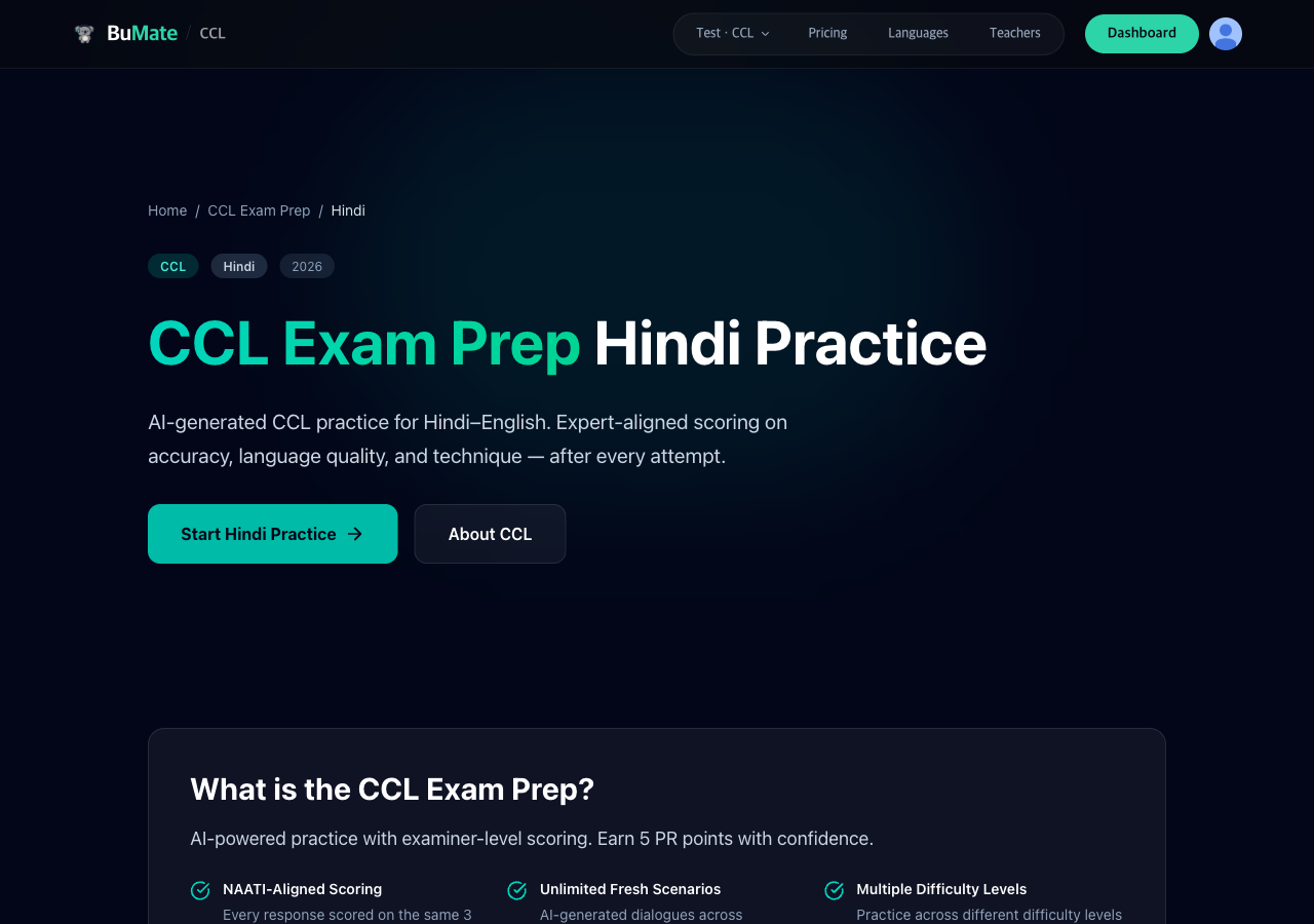 BuMate CCL Hindi practice page showing NAATI-aligned scoring on accuracy, language quality, and technique